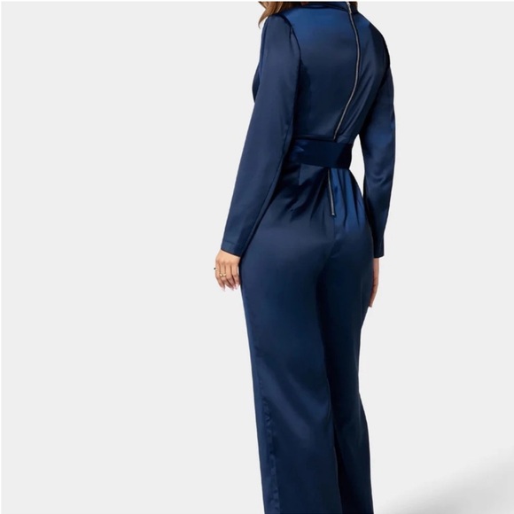 bebe Satin Blazer Jumpsuit Blue Tie Waist V Neck Business Spring | Medium - Picture 3 of 10
